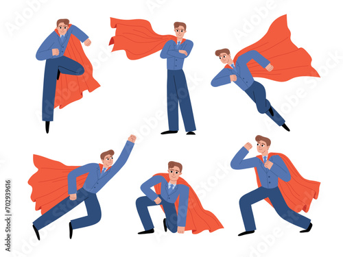 Cartoon super business heroes. Different poses, strict office suit, red cape, mascot characters, successful powerful manager, vector set.eps