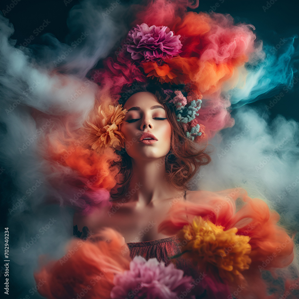 Portrait of a woman in colorful smoke in black background 