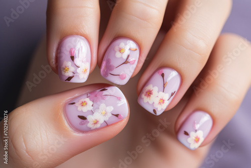 Close up of woman's fingernails with white and pink spring flowers on pastel violet base nail art design