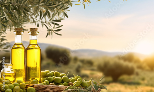 Golden bottles of olive oil with freshly picked green olives. Rural landscape with olive trees in the background. Free space for copy space.