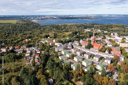 Districts on the right side of the Oder River in Szczecin from a drone in Poland.