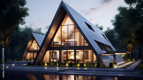 Modern residential suburban building A-frame architecture, a luminous triangular home with large windows
