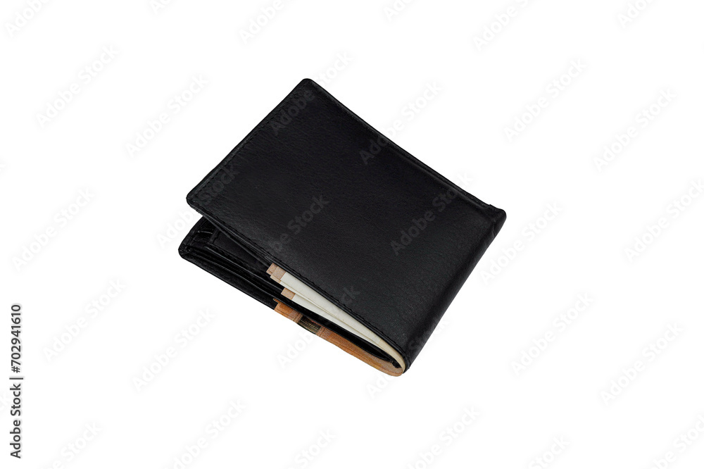Leather wallet with euro money banknote sticking out on transparent background. Leather wallet with euro money banknote sticking out on transparent background.