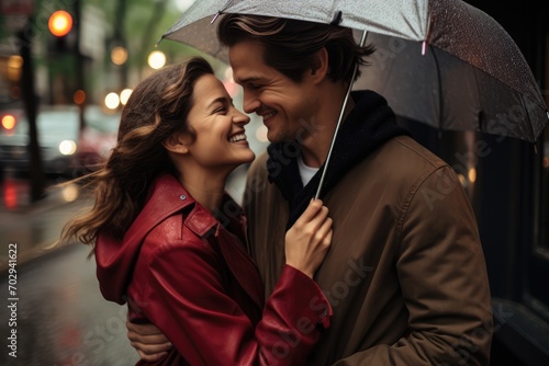 Embracing Romance: Couple's Heartfelt Laughter Under A Rainy Valentine's Day Umbrella