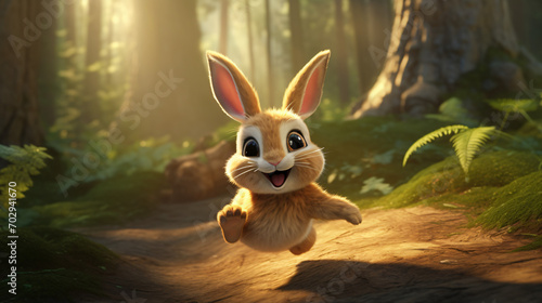 A cute little smiling rabbit jumping in a forest
