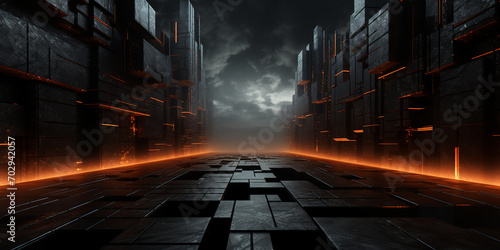 black road made of geometric planes with walls on the sides and fiery lighting against the backdrop of a menacing  gloomy night sky  screensaver  background  wallpaper