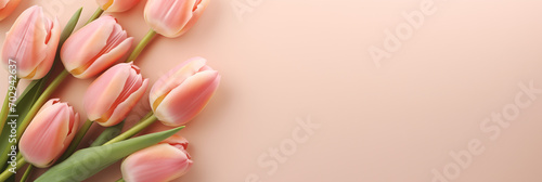 Pink tulip flowers on pastel peach background. Image for a wedding, women's day or mother's day themed greeting card or invitation. Banner with space for text photo