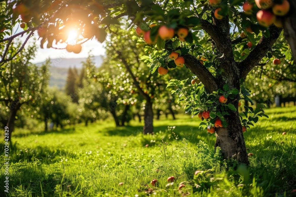 Fototapeta premium Serene Scenes Of An Age-Old Apple Orchard On A Sun-Kissed Green Lawn