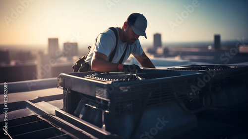 Technician man doing repair or maintenance work service on electric air conditioner on the house or building roof, wearing working uniform and a hat.Professional electricity worker fixing ventilation  photo