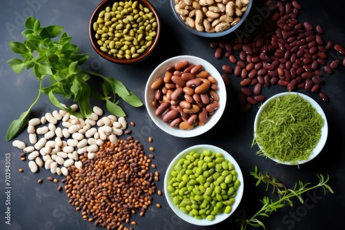 View From The Top: Variety Of Beans, Legumes, And Green Sprouts In Dried, Raw, And Fresh Forms