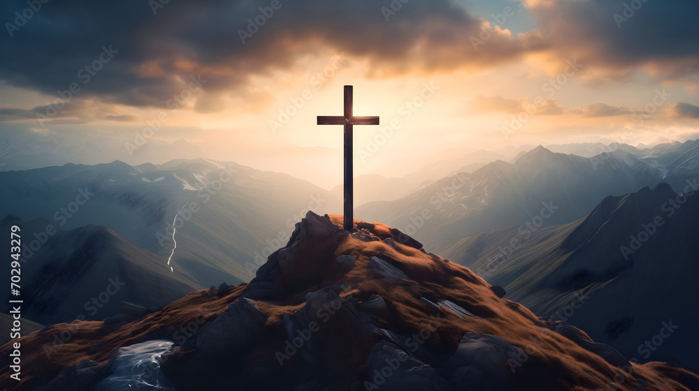 Wooden cross silhouette on rocky mountain top or peak, sunrise on the sky. Christian faith or religion, crucifixion of Jesus Christ, Calvary sacrifice for salvation and forgiveness - obrazy, fototapety, plakaty 