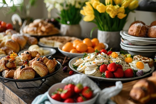 Easter Brunch Spread With Pastries And Fruits  Creating Festive And Delicious Meal