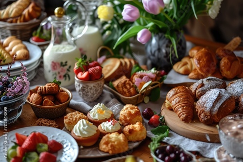 Creating A Festive And Delicious Easter Brunch Spread With Pastries And Fruits.
