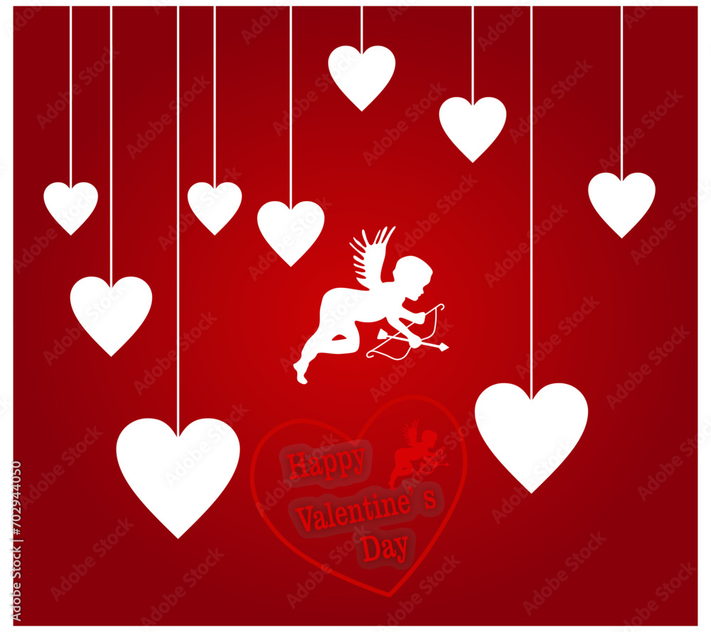 Happy Valentine's day! Papercut design template with lettering white  heart and Cupid vector.