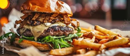 Savory kaiser burger with swiss cheese and fried mushrooms. photo