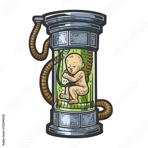 artificially born created baby in science fiction laboratory sketch hand drawn color engraving vector illustration. Scratch board imitation. Black and white hand drawn image.