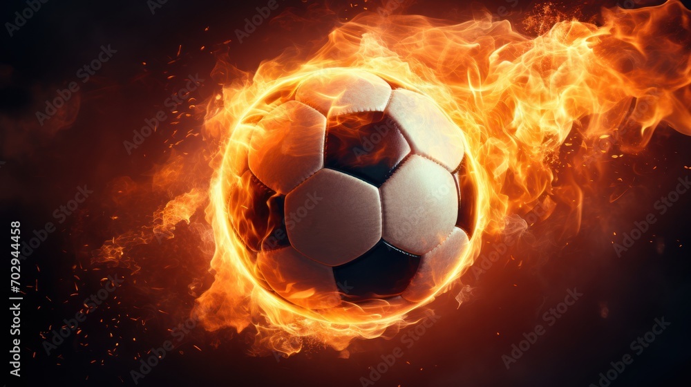 Fototapeta premium A fiery soccer ball was kicked with power on the field. Spin a soccer ball in a burning flame in the dark.