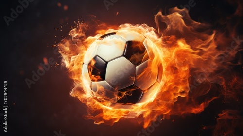 A fiery soccer ball was kicked with power on the field. Spin a soccer ball in a burning flame in the dark. © venusvi