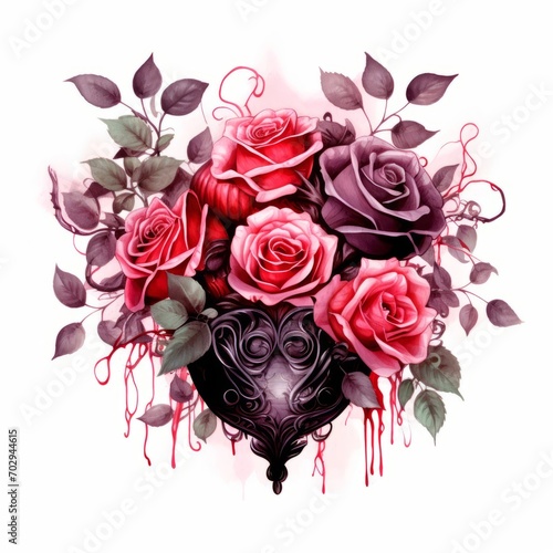 pink and red bouquet of roses in gothic style on a white isolated background