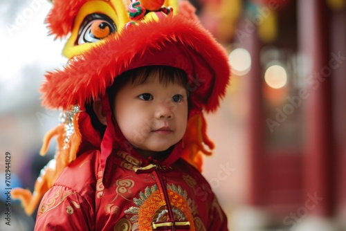 Chinese child in dragon costume, Chinese New Year 2024. Generative AI