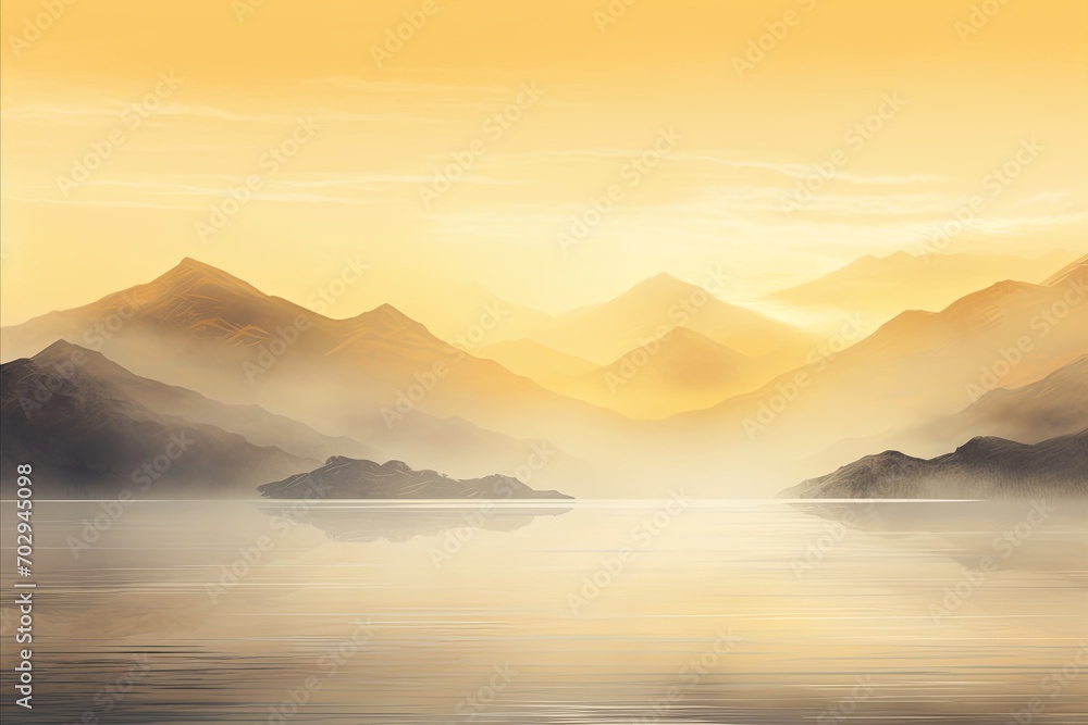 Fototapeta premium a mountain range is seen in the mist at sunrise, in the style of large canvas sizes, calm waters, vibrant stage backdrops, panoramic scale, light amber and white, solarizing master.