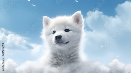 Cute beautiful fluffy white wolf or white Samoyed dog puppy
