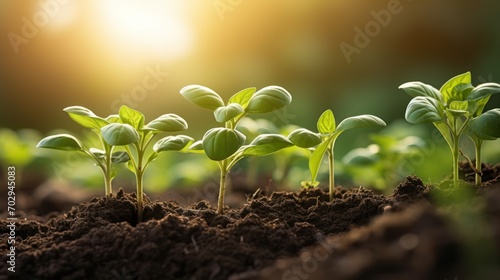 Growing basil plants dynamic growth Birth of new life in nature Seedling growth through rich soil photo