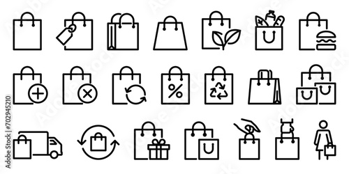 Shopping bag line icon set. Paper market bag linear icons. Grocery bag outline vector signs and symbols collection.