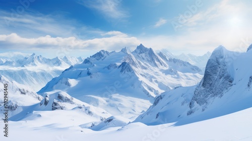 The picturesque mountains were covered in a layer of pristine white snow with soft sunlight.