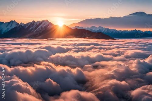 First light in sunrise morning rolling sea of clouds in the mountain, beautifull sky background 