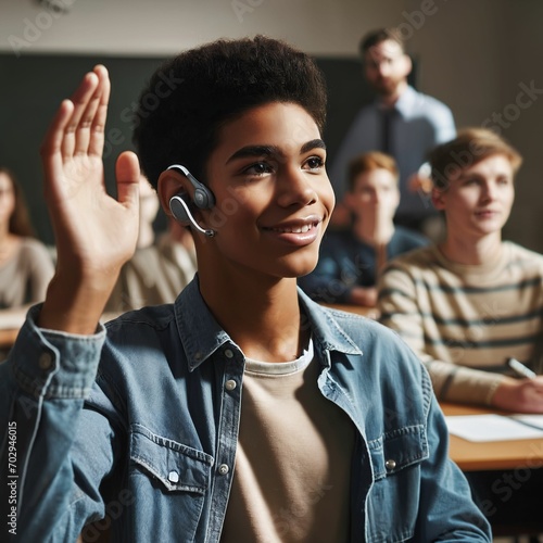 Hearing impaired student with hearing aid. Wearing hearing device in ear, studying at college or school. Lesson in Classroom. Hearing loss. Education. Deaf. Hearing aids. Generative AI photo