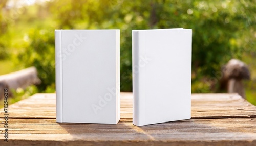 Wallpaper Mural two white books mockup with textured hardcover on wooden table outdoors Torontodigital.ca