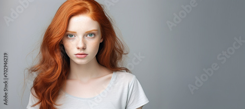 Neutral redhead female model on minimalist banner.