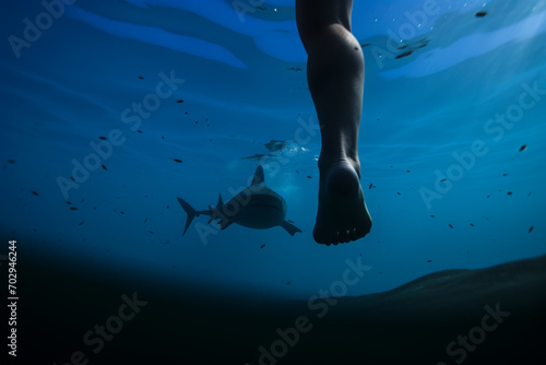 A swimmer s leg is ominously stalked underwater by a lurking shark  setting an uneasy scene of impending danger.