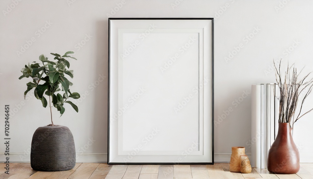 white vertical poster art frame mockup with passepartout in room 3d rendering - obrazy, fototapety, plakaty 