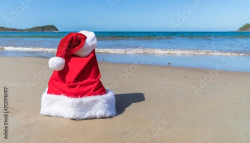 red christmas santa claus hat on a sandy tropical beach near the ocean