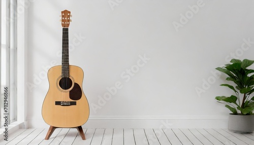 acoustic guitar mockup on stand in white empty room 3d rendering
