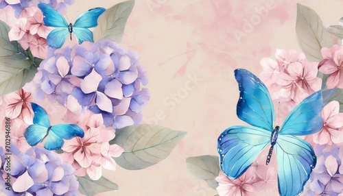 big blue butterflies hydrangea flowers bouquets in delicate pastel rose pink beige purple colors tropical hd wallpaper luxury mural premium texture watercolor 3d illustration high quality art