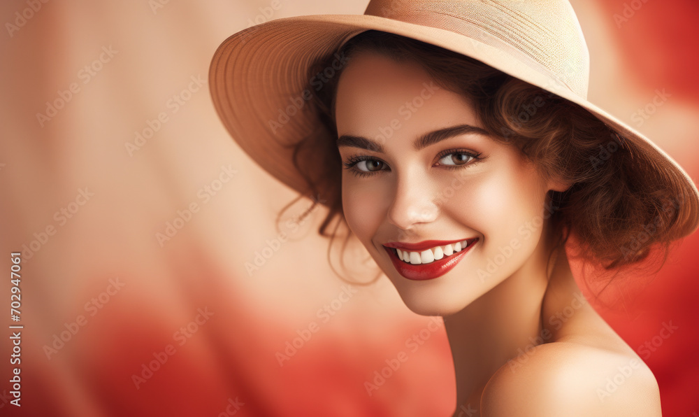 Romantic woman with summer hat, smiling, 25 years old, makeup. Romantic woman with summer hat, smiling, 25 years old, makeup.