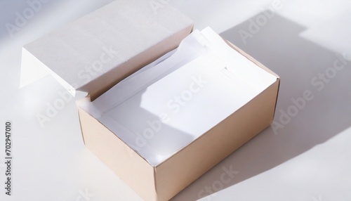 cardboard box mockup with white wrapping paper opened light background