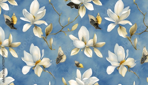 floral background seamless pattern big magnolia flowers butterflies watercolor vintage 3d illustration blue abstract background luxury wallpaper cloth tapestry fabric printing modern design