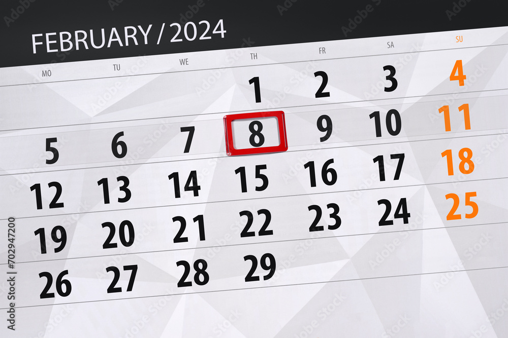 Fototapeta premium Calendar 2024, deadline, day, month, page, organizer, date, February, thursday, number 8