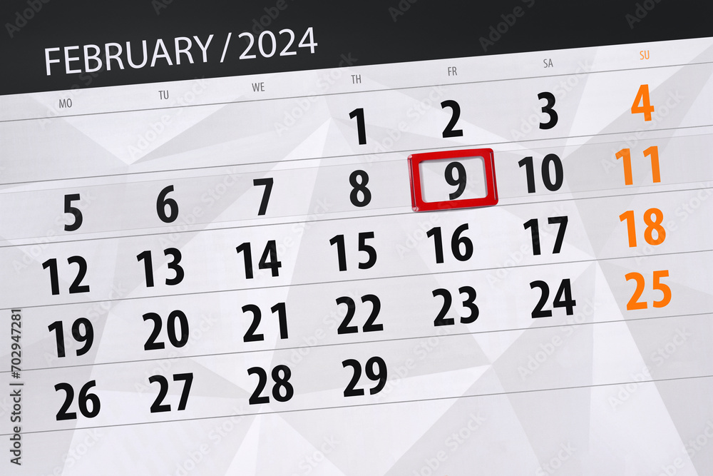 Fototapeta premium Calendar 2024, deadline, day, month, page, organizer, date, February, friday, number 9