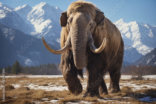 A lone mammoth wandering across a snow-covered plain against a backdrop of mountains.