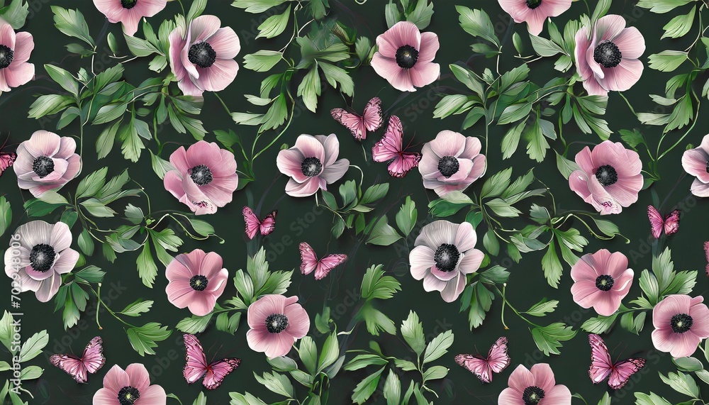 pink anemone flowers butterflies green leaves floral background seamless pattern hand painted watercolor vintage 3d illustration dark abstract background luxury wallpaper cloth poster paper pink anemone flowers butterflies green leaves floral background seamless pattern hand painted watercolor vintage 3d illustration dark abstract background luxury wallpaper cloth poster paper