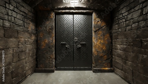 armored heavy metal door in old underground bunker room 3d rendering