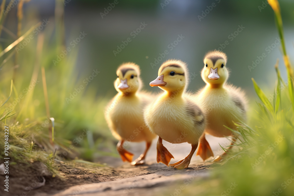 Three Ducklings Strolling at Dusk