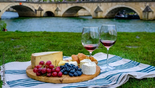 luxury picnic in paris with a cheese plateau and wine by the seine
