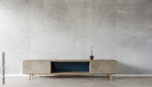 modern bureau or tv console mockup in empty living room with concrete wall 3d rendering