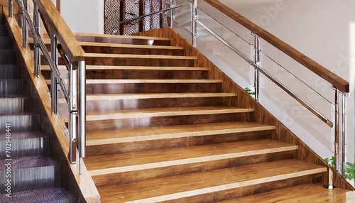 modern wooden staircase with chromed railing 3d rendering
